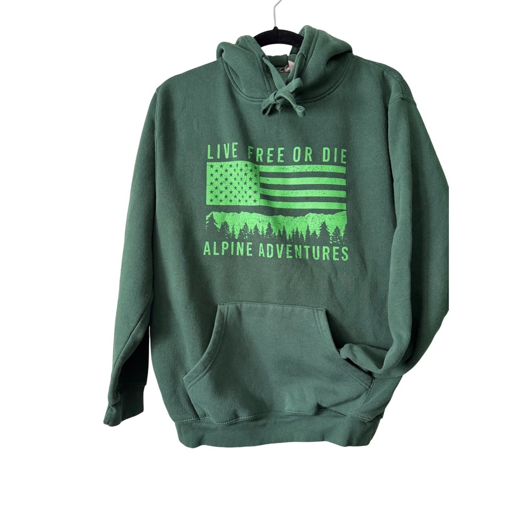 MillTex Hoodie Mens Medium Green Good Live Free Or Die Alpine Adventure Flag